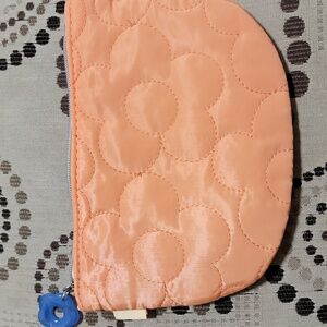 Ipsy Orange Floral Cosmetic Makeup Pouch Glam Bag w Blue Flower Pull April 2025